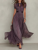 Vestido largo de fiesta con detalle de encaje y cintura fruncida